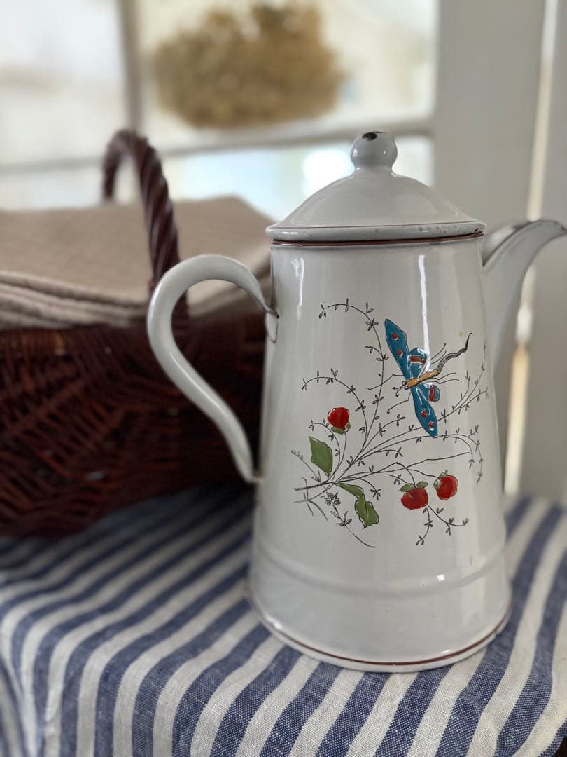 フランスアンティーク ホーロー 花と鳥の絵