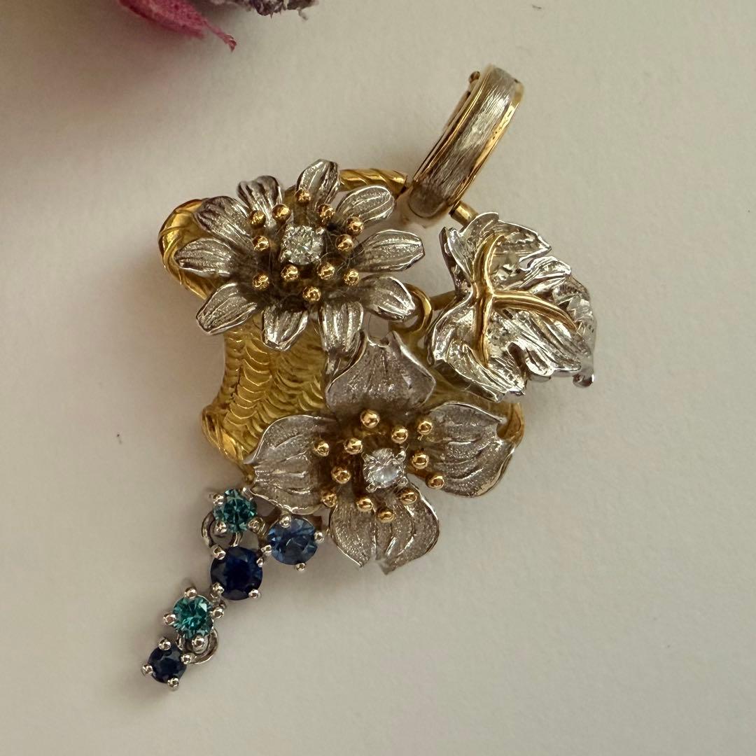 石川暢子ペンダントトップpt900K18ダイヤ0.24サファイヤ0.36ct