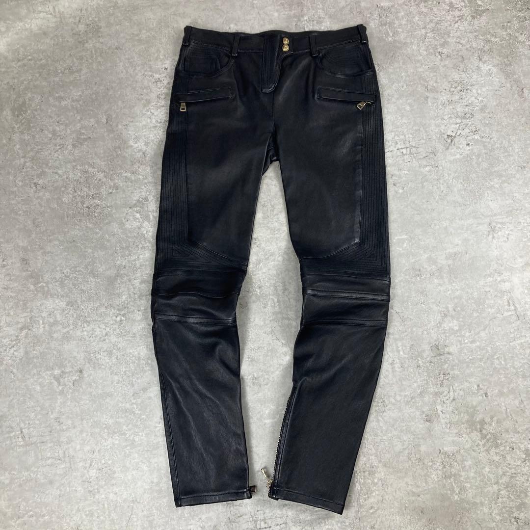 美品　BALMAIN バルマン　ラムレザー　パンツ　38 ブラック　BLACK