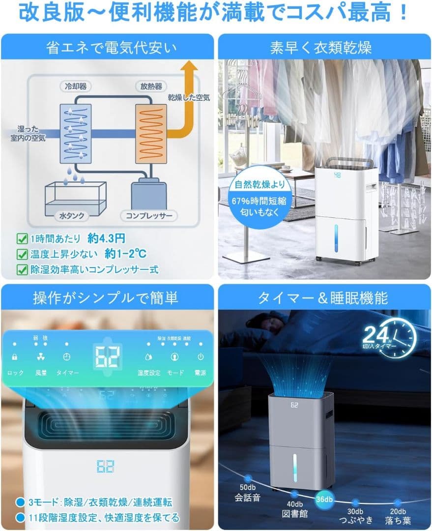 JYWINA 除湿機 コンプレッサー式 衣類乾燥機　除湿量12.3L木造15畳