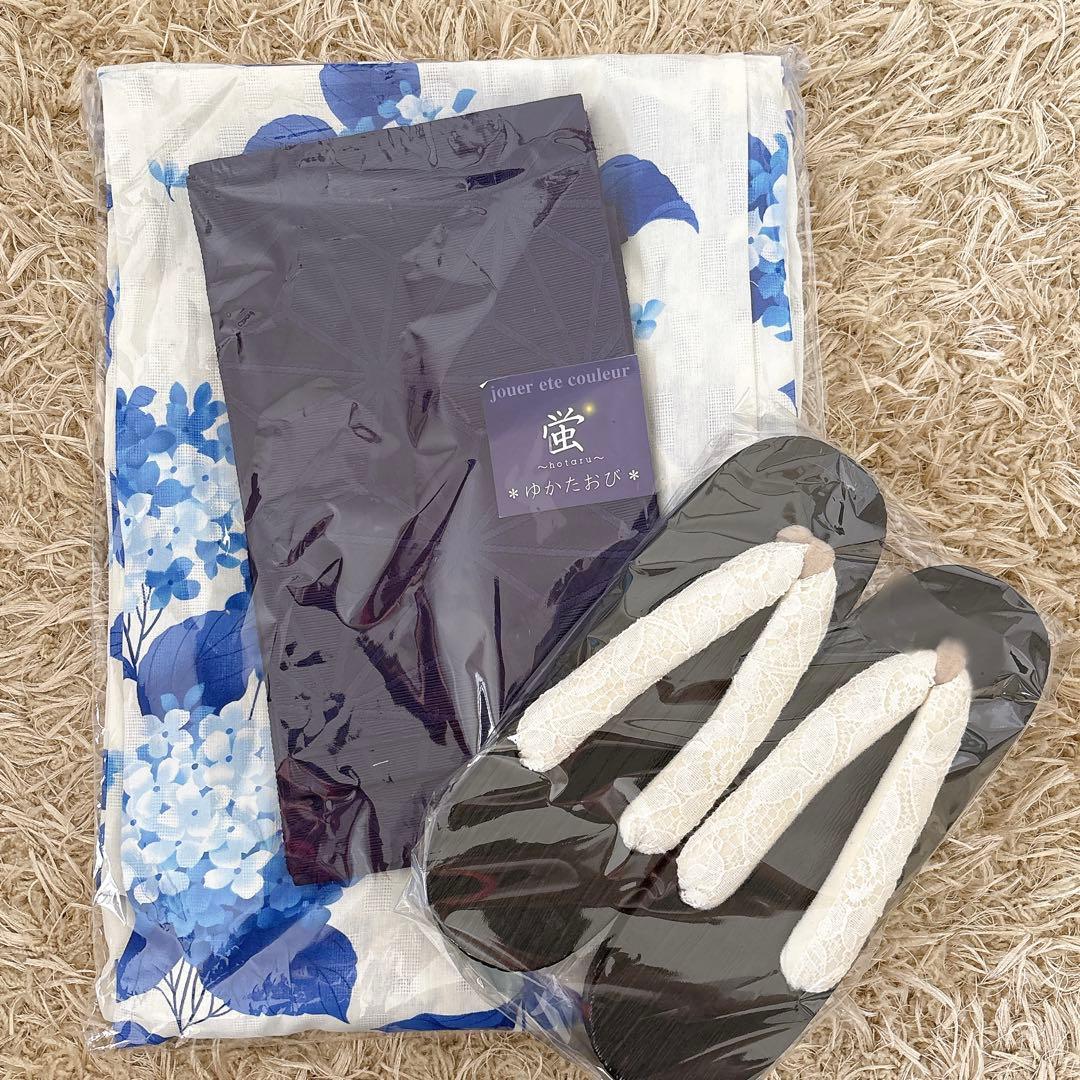 創美苑 浴衣3点セット bonheur ボヌールセゾン 紫陽花 草履 帯