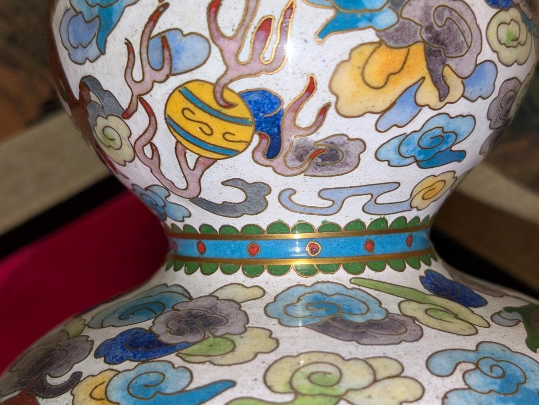 古美術　飾り壺　花瓶　一輪挿し　七宝　瓢箪　雲龍絵　レア　台付