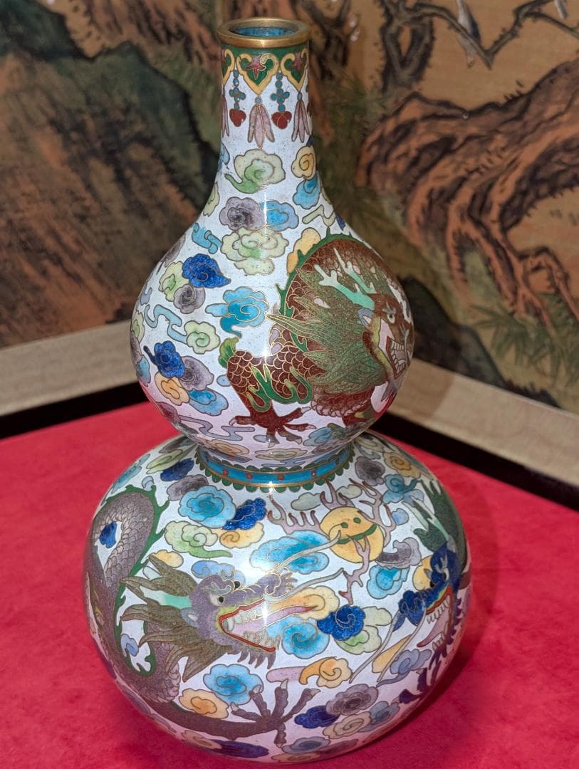 古美術　飾り壺　花瓶　一輪挿し　七宝　瓢箪　雲龍絵　レア　台付