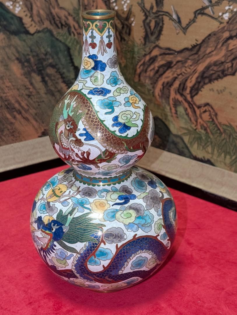 古美術　飾り壺　花瓶　一輪挿し　七宝　瓢箪　雲龍絵　レア　台付