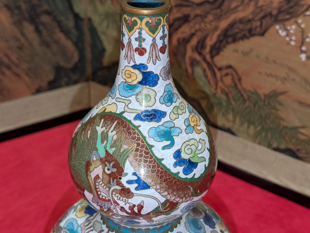 古美術　飾り壺　花瓶　一輪挿し　七宝　瓢箪　雲龍絵　レア　台付