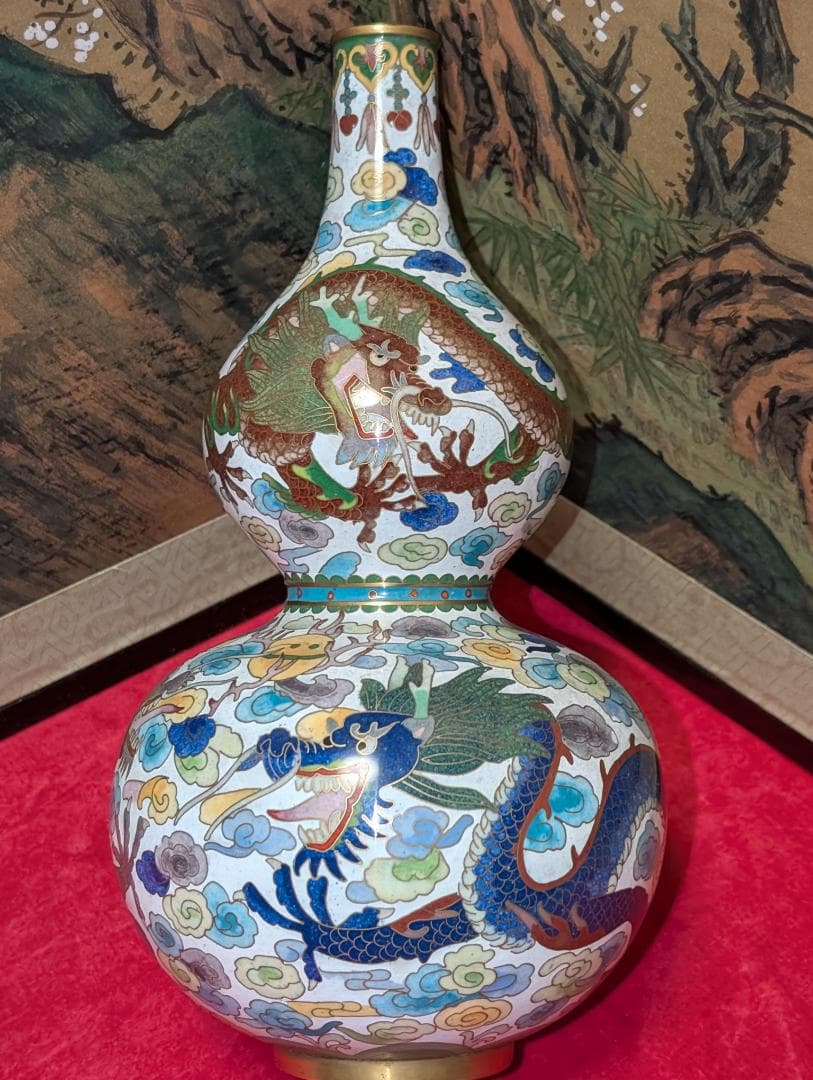 古美術　飾り壺　花瓶　一輪挿し　七宝　瓢箪　雲龍絵　レア　台付