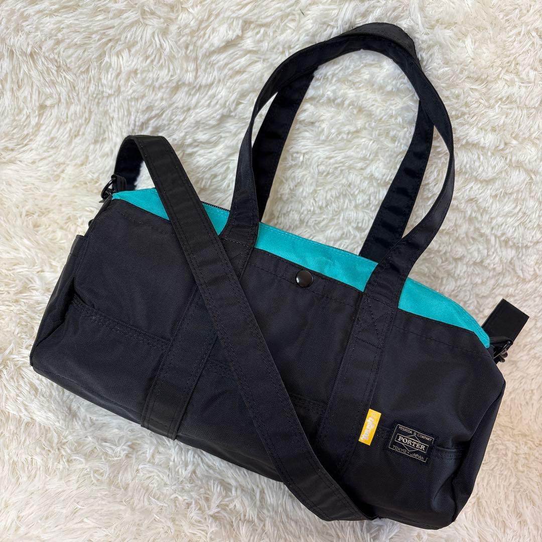 【希少】PORTER ドラム型バッグ ブラック/ターコイズ 美品2way