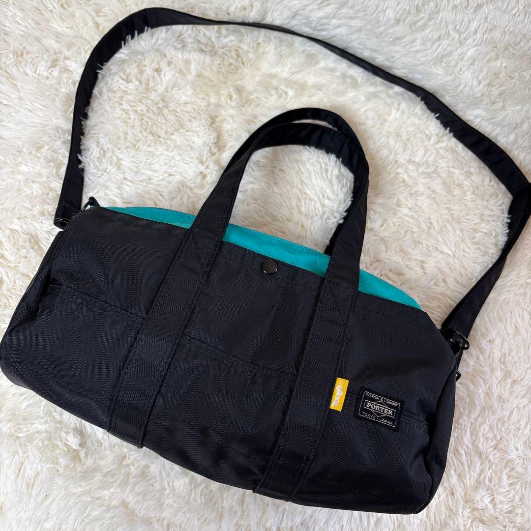 【希少】PORTER ドラム型バッグ ブラック/ターコイズ 美品2way