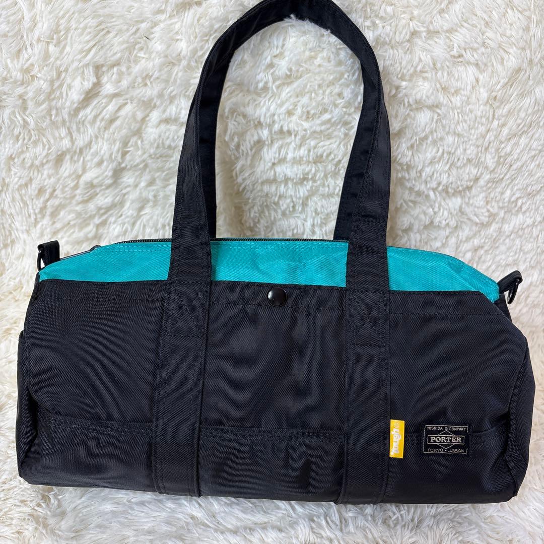 【希少】PORTER ドラム型バッグ ブラック/ターコイズ 美品2way
