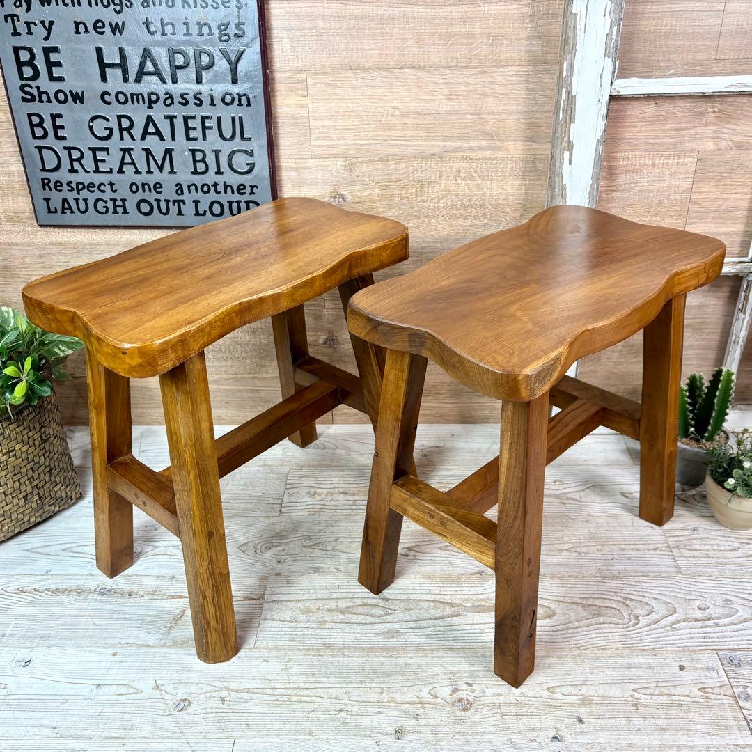 オールドチーク天然無垢材ベンチスツールワイド2点セットサイドテーブル飾り台置き台