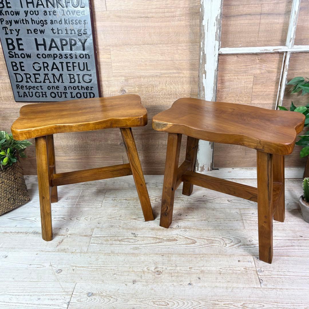 オールドチーク天然無垢材ベンチスツールワイド2点セットサイドテーブル飾り台置き台