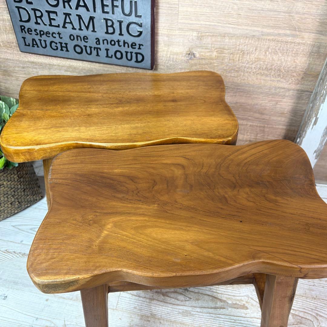 オールドチーク天然無垢材ベンチスツールワイド2点セットサイドテーブル飾り台置き台