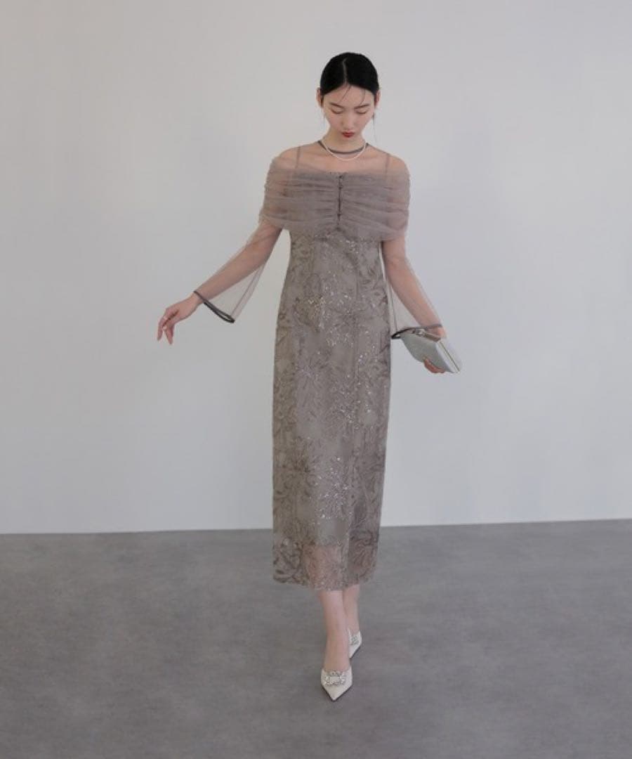 【LEJA】チュールオフショルダー花柄Iラインドレスワンピース 2点セット