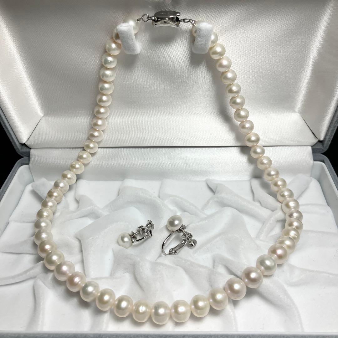 本真珠✨ パールネックレス＆イヤリングセット 7.3-8.3mm Silver
