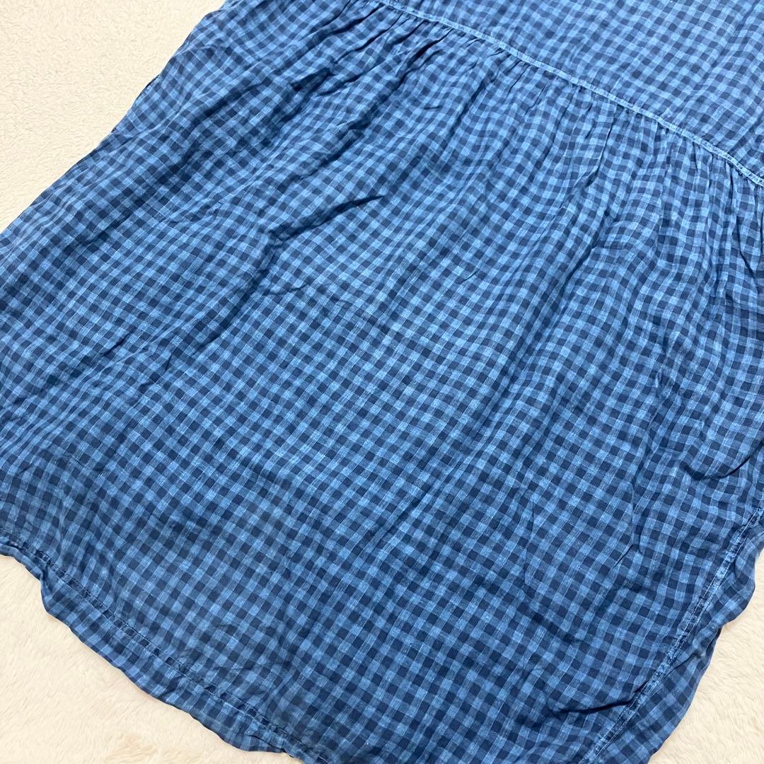 極美品 ICHI Antiquites リネン チェック シャツ ワンピース 青