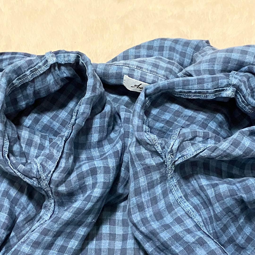 極美品 ICHI Antiquites リネン チェック シャツ ワンピース 青
