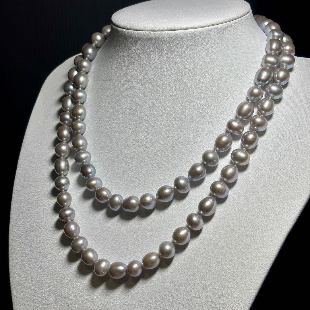 テリ強✨　本真珠　パール　ロング　ネックレス　約8.5-10.0g ブルーグレー