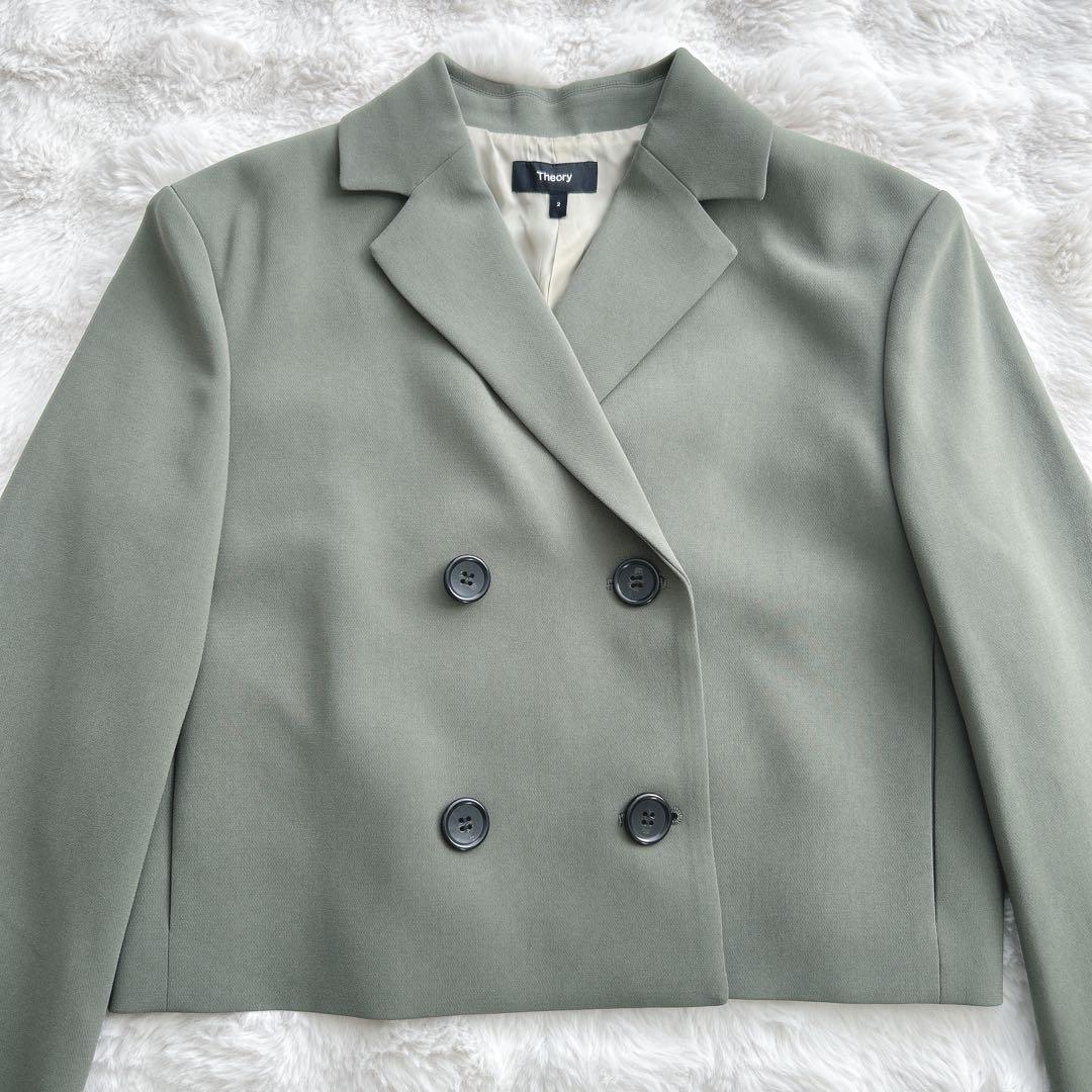 セオリー★クロップドダブルジャケット ショート丈　カーキ　M