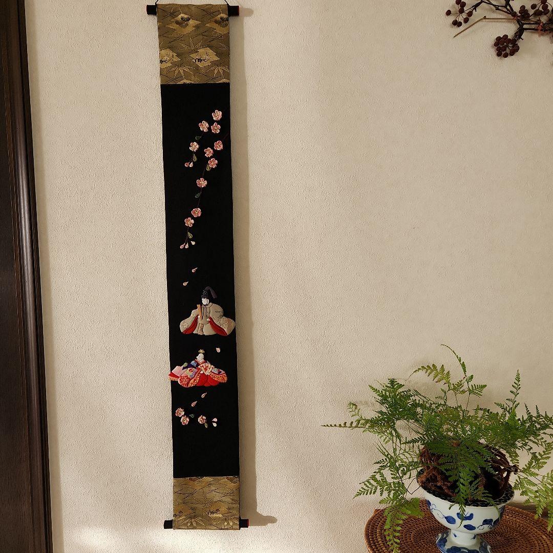 古布　江戸縮緬　押絵　ハンドメイド　タペストリー　つまみ桜と座り雛