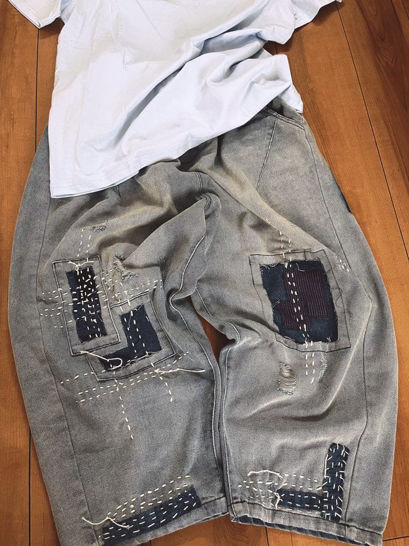 アンティーク調パッチワーク襤褸ゆったり男女通用パンツ