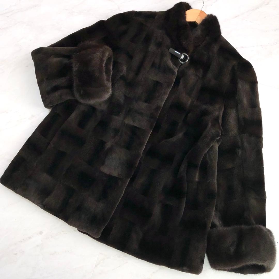 美品✨シェアードミンク チェック 本毛皮 リアルファーコート ブラウン系