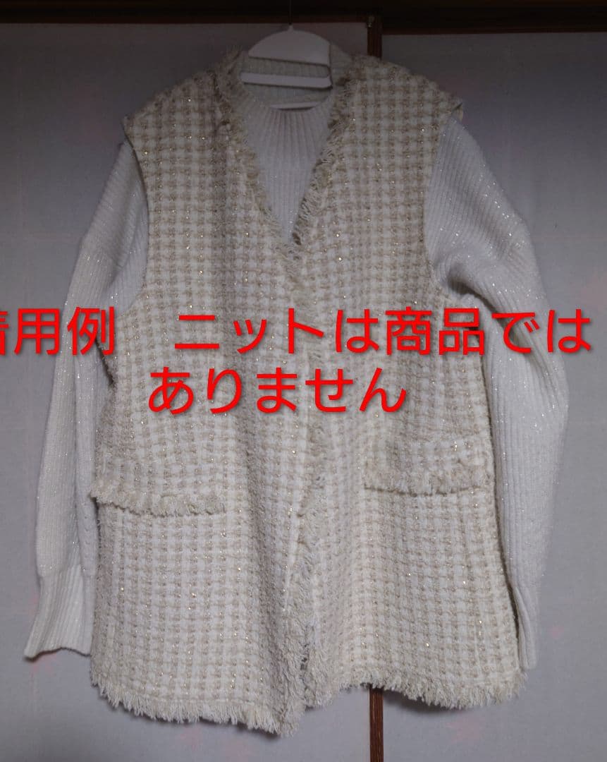 美品 23区アイボリー ツイード ノーカラーベスト XL