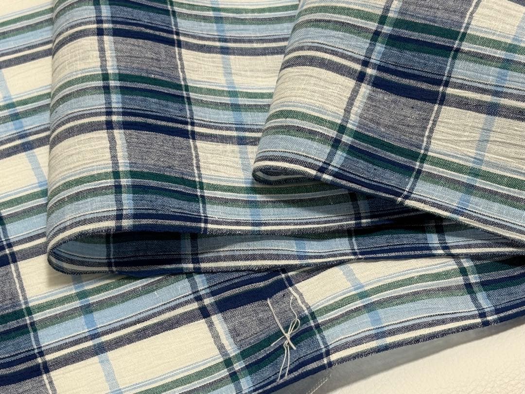 新品　夏物 近江ちぢみ 反物 麻 綿 日本製 川口織物　格子ストライプ　ブルー