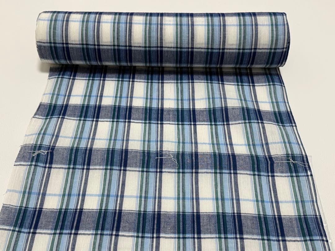 新品　夏物 近江ちぢみ 反物 麻 綿 日本製 川口織物　格子ストライプ　ブルー