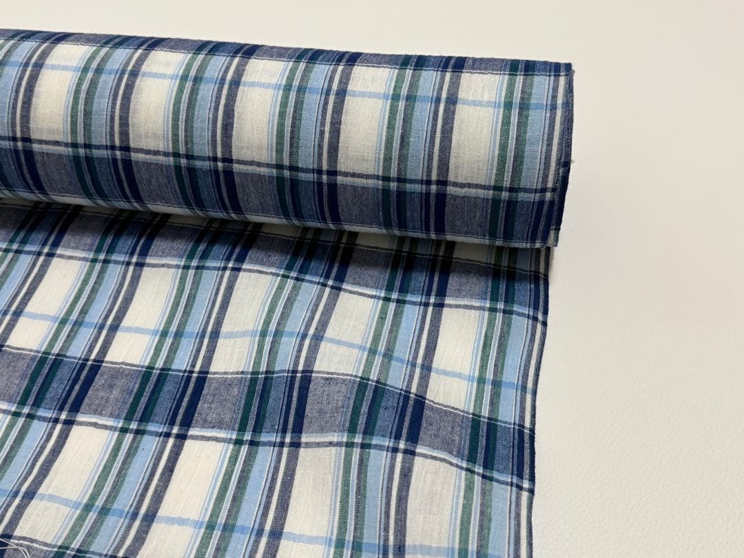新品　夏物 近江ちぢみ 反物 麻 綿 日本製 川口織物　格子ストライプ　ブルー