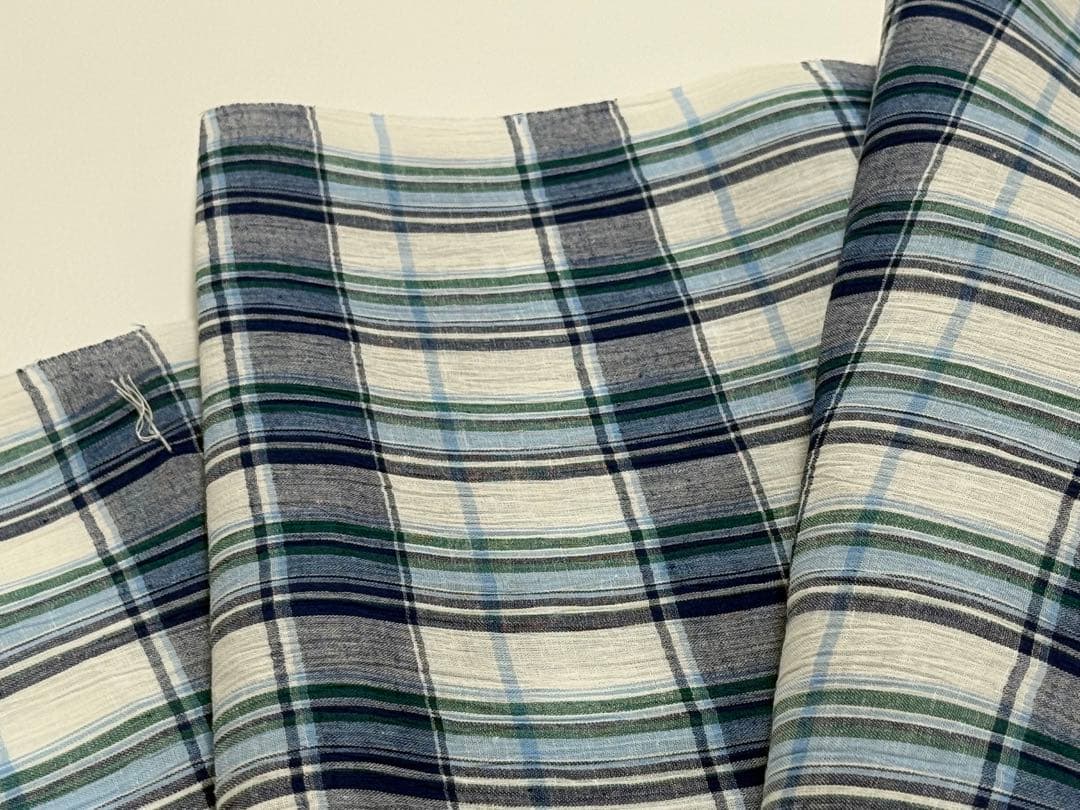 新品　夏物 近江ちぢみ 反物 麻 綿 日本製 川口織物　格子ストライプ　ブルー