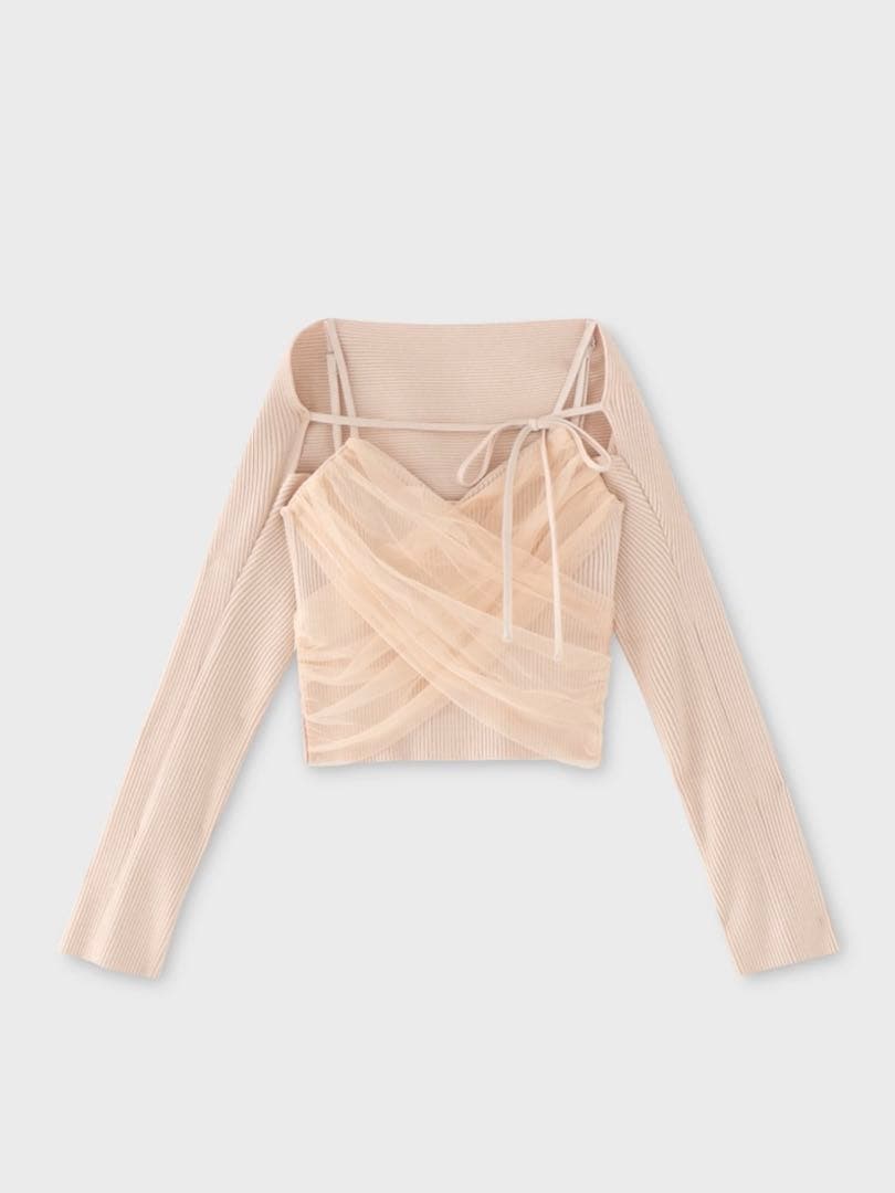 M me eme ♡ Tulle knit ensemble tops pink