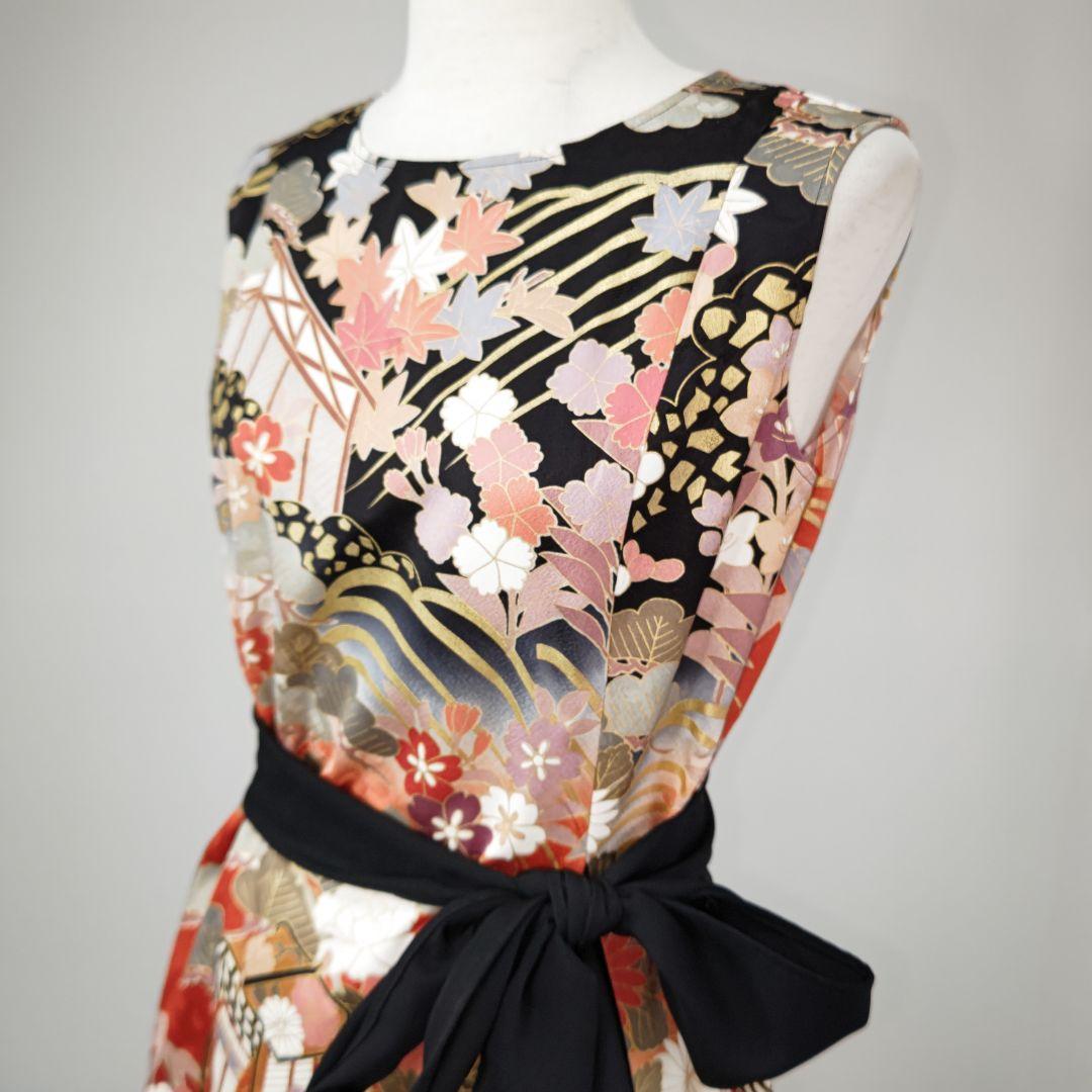 zunezune 振袖ドレス ノースリーブ 着物リメイクワンピース 柄×黒