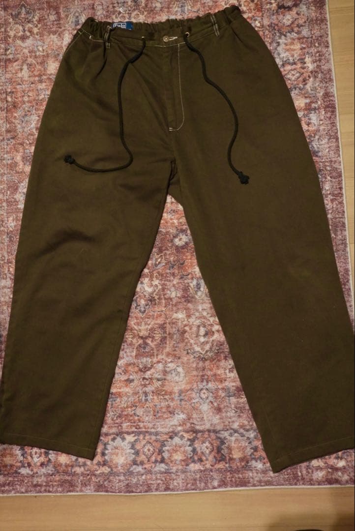 80s 90sラルフローレン　リメイクチノパン　オリーブ　ゴム付き　ドローコード