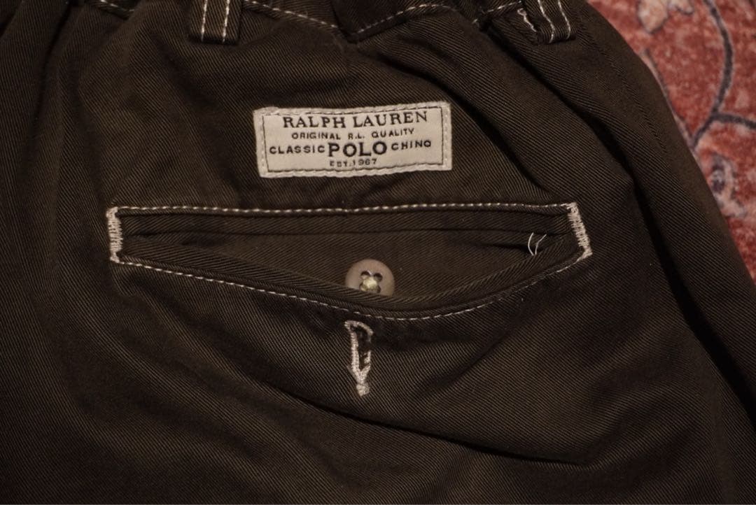 80s 90sラルフローレン　リメイクチノパン　オリーブ　ゴム付き　ドローコード