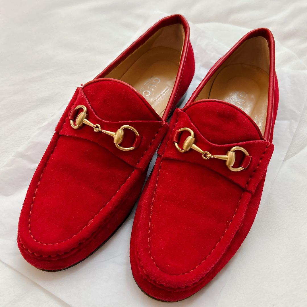 シャル様　GUCCI グッチ　ホースビット　ビットローファー　スエード　赤