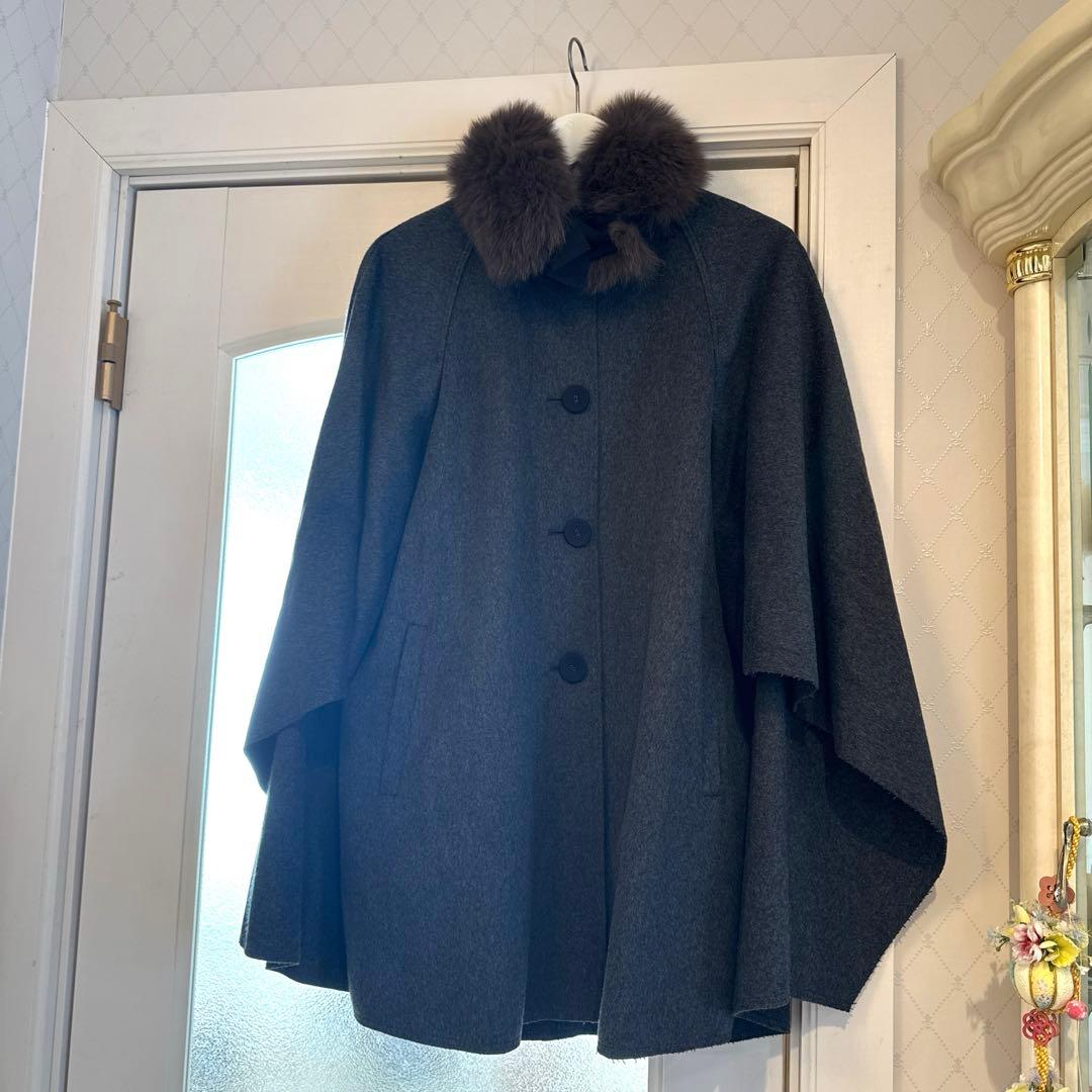【LANVIN en Bleu】グレー ウールコート フォックスファー付き　美品