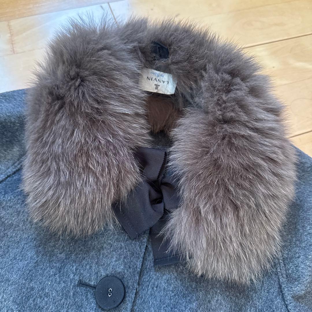 【LANVIN en Bleu】グレー ウールコート フォックスファー付き　美品