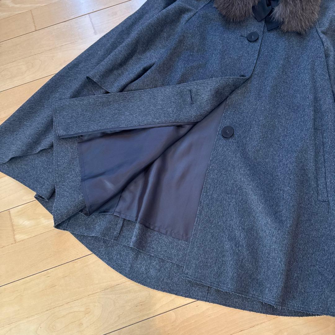 【LANVIN en Bleu】グレー ウールコート フォックスファー付き　美品