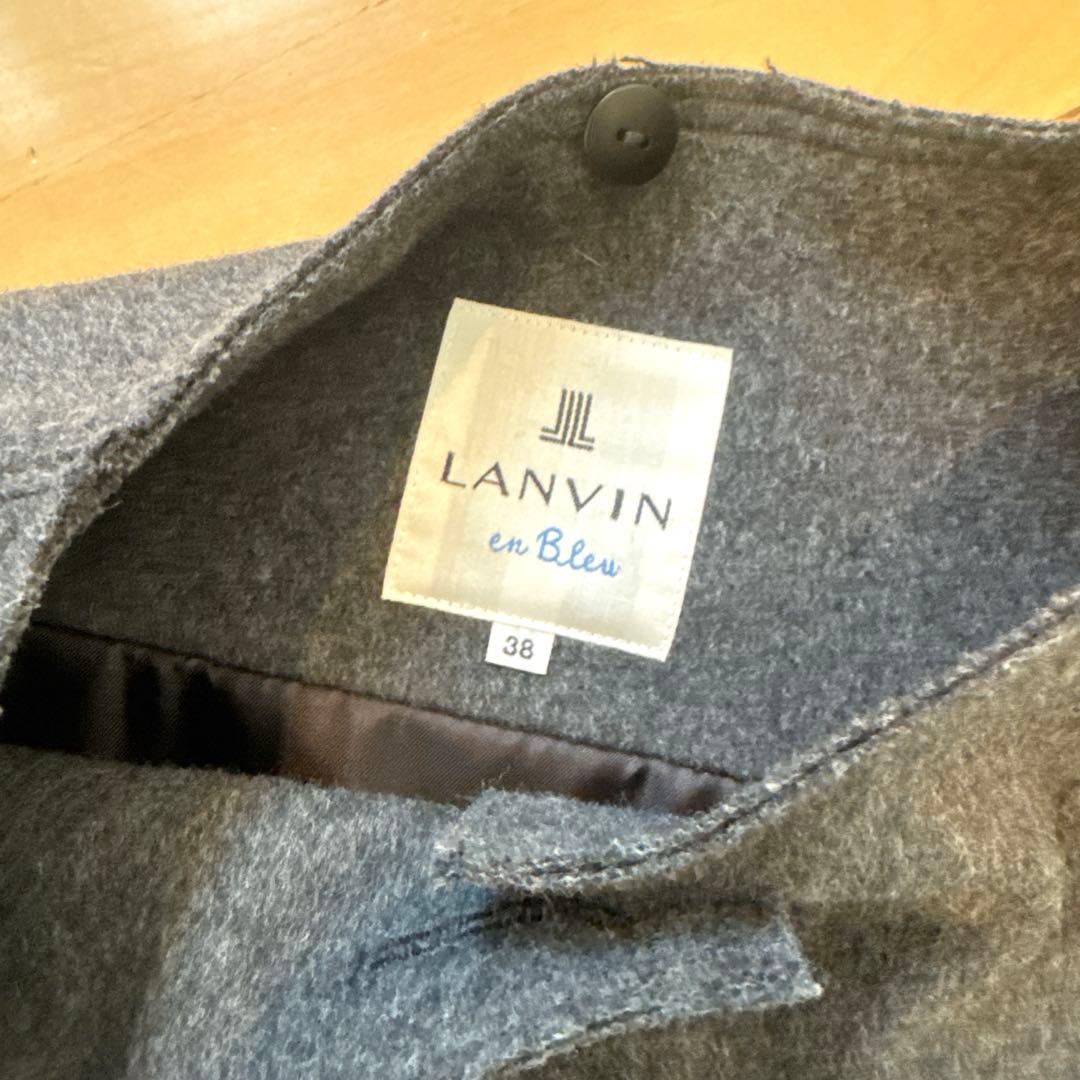 【LANVIN en Bleu】グレー ウールコート フォックスファー付き　美品