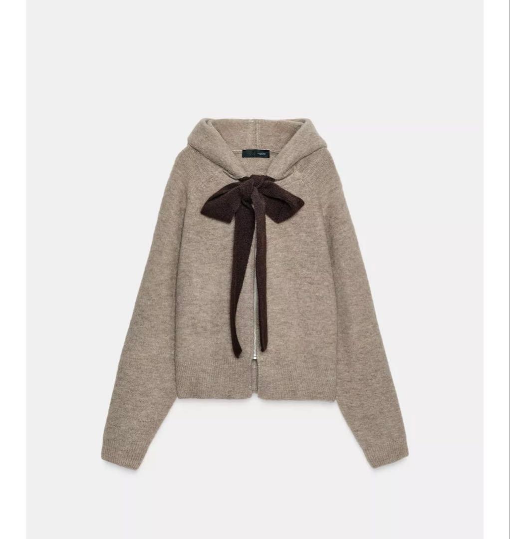 タグ付き新品★ZARAのフード付きタイベルトニットカーディガン★L★ミンクマール