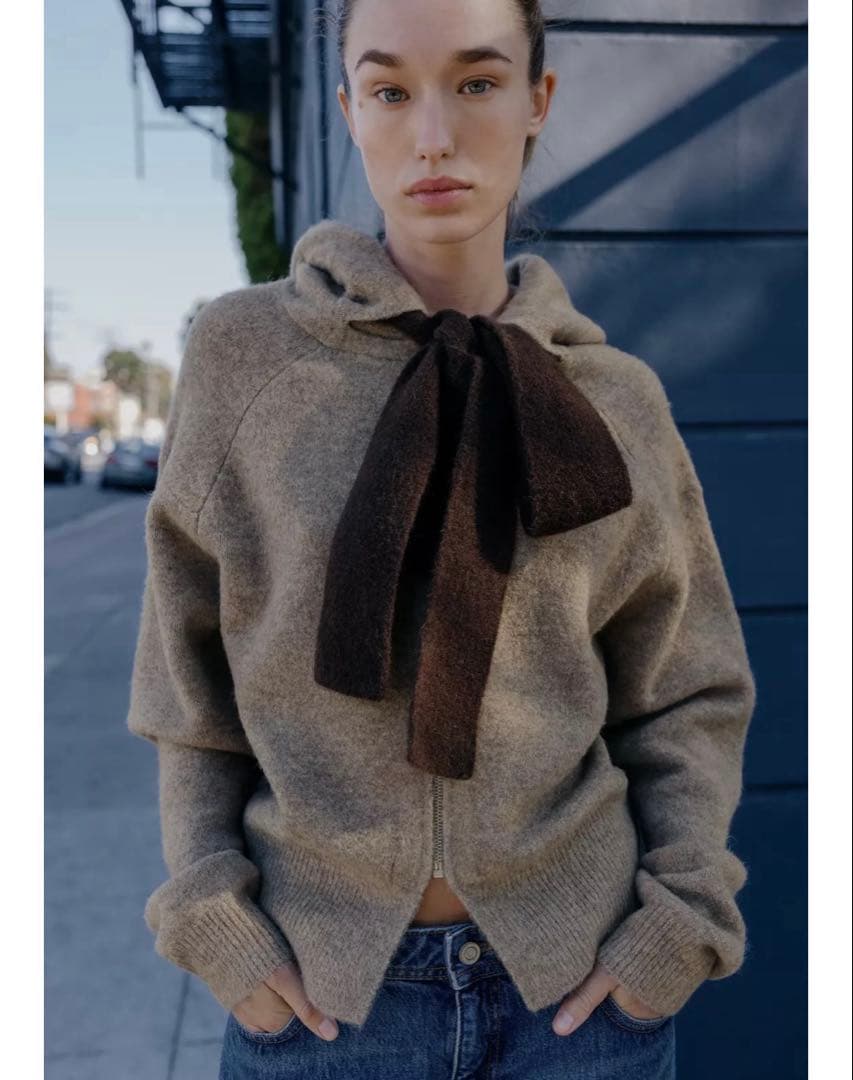 タグ付き新品★ZARAのフード付きタイベルトニットカーディガン★L★ミンクマール