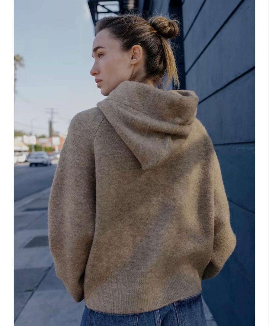 タグ付き新品★ZARAのフード付きタイベルトニットカーディガン★L★ミンクマール