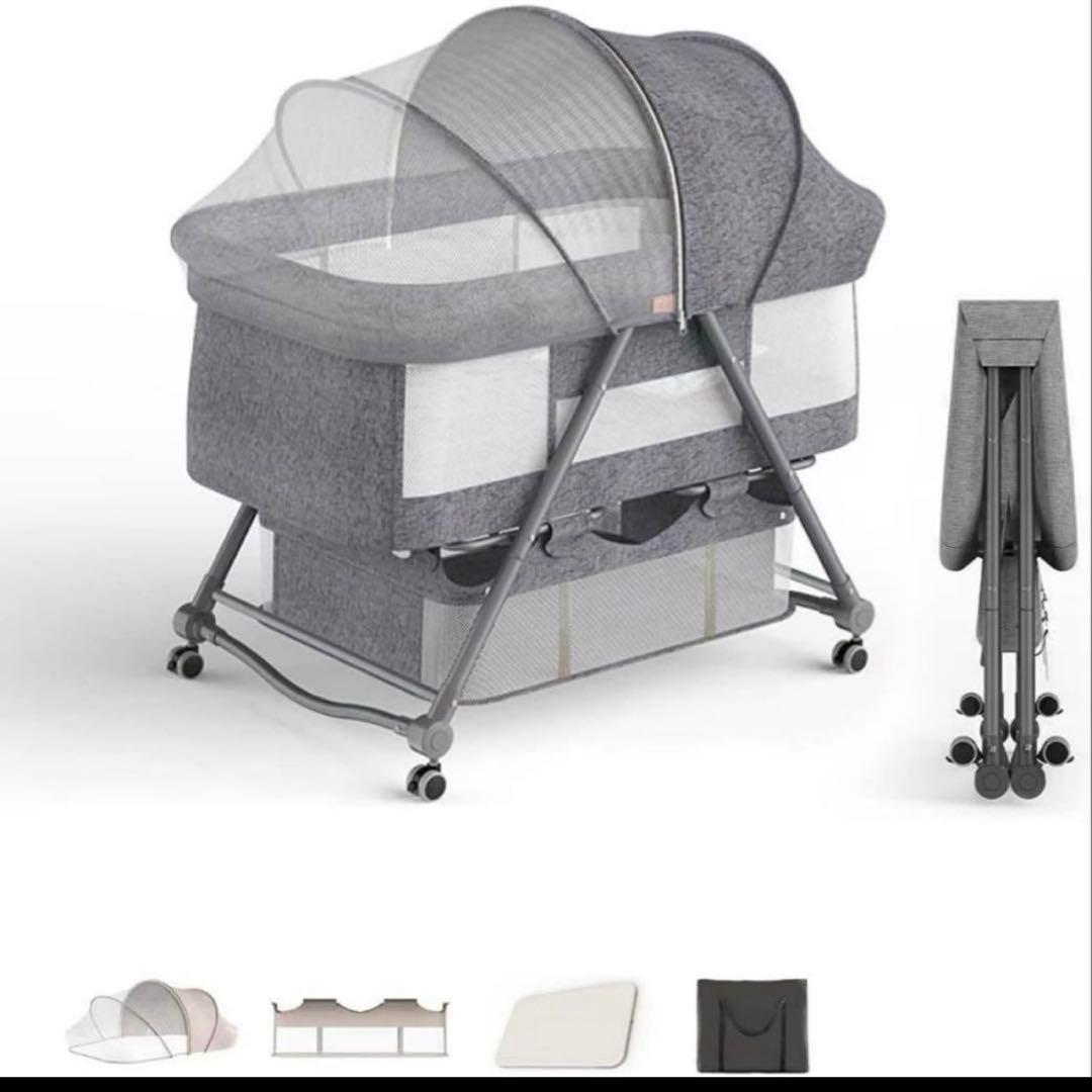 【美品】ZOOBLY 折りたたみ式 ベビーベッド グレー 蚊帳付　袋付き