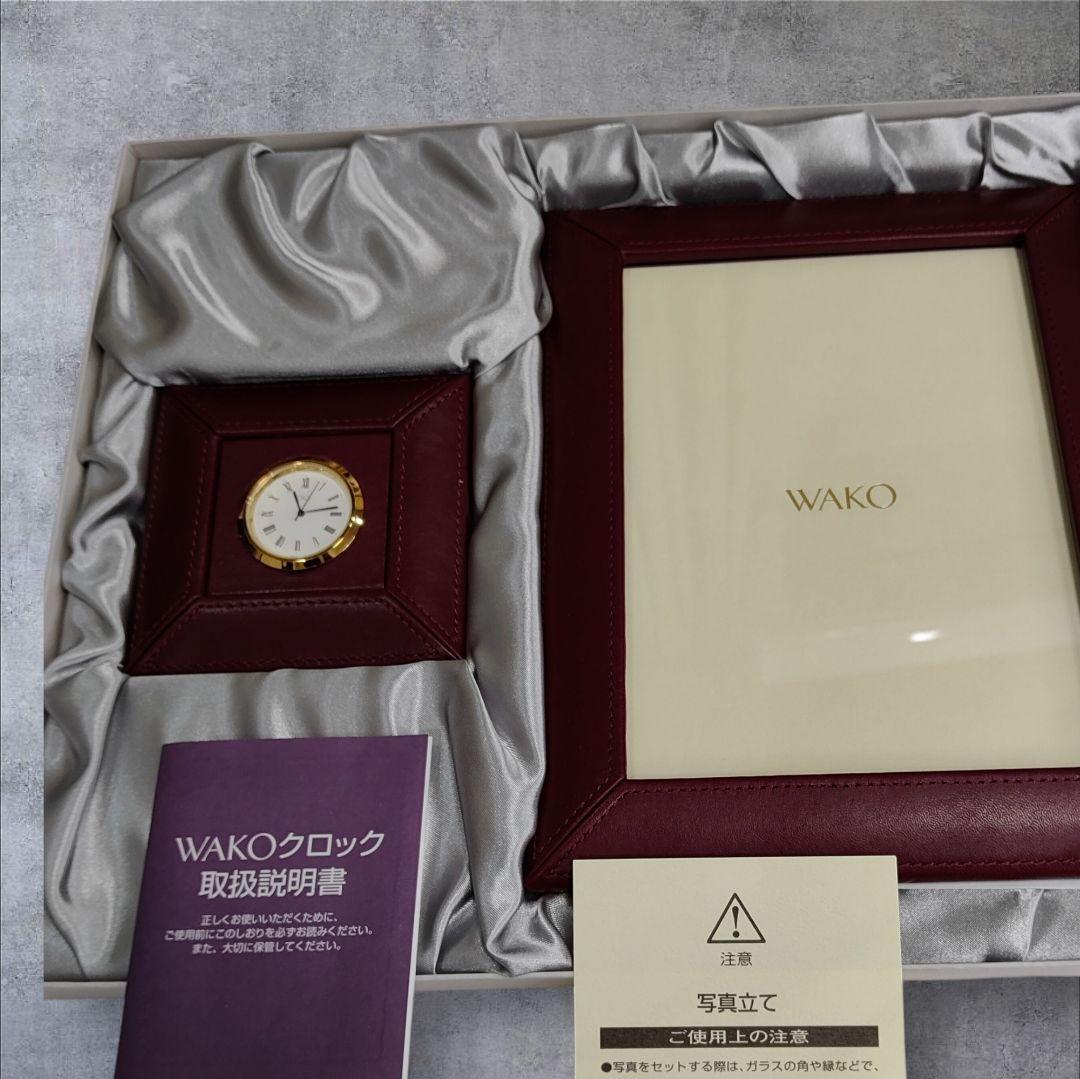 未使用品　WAKO アナログ時計とワインカラー革フォトフレームセット　動作確認済