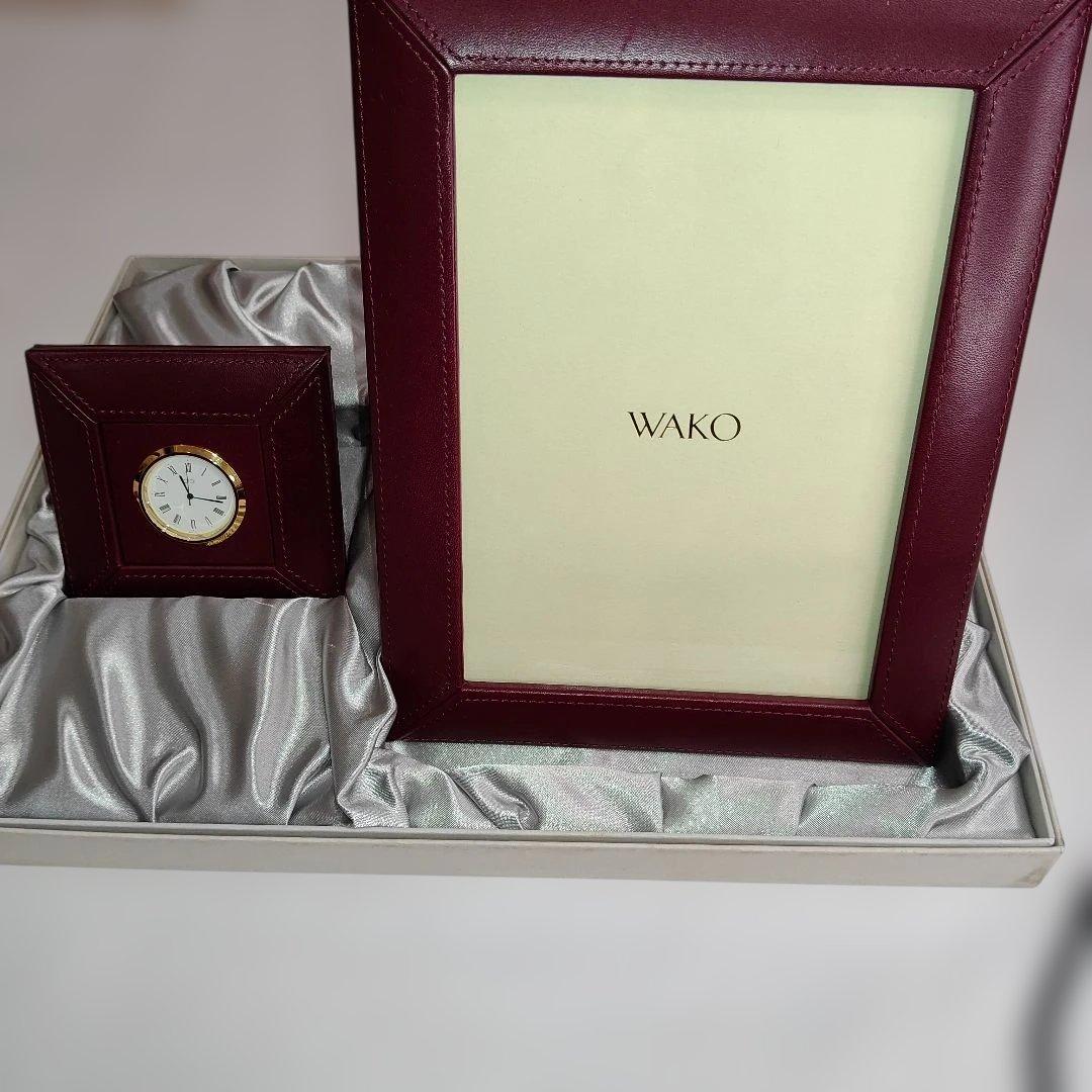 未使用品　WAKO アナログ時計とワインカラー革フォトフレームセット　動作確認済