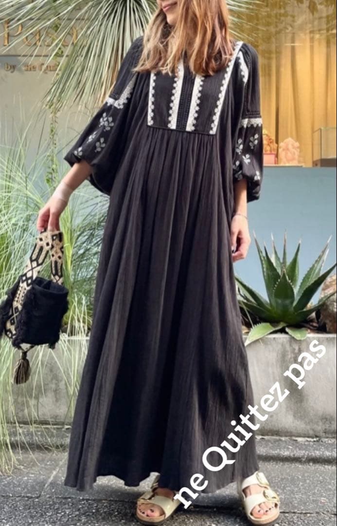 ももこ【ヌキテパ】 コットン ガーゼ リーフ エンブロイダリーヨークドレス