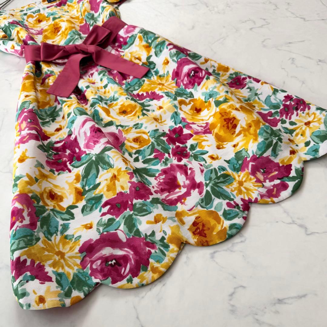 美品 エムズグレイシー 花柄 スカラップ ワンピース リボン パフスリーブ 38