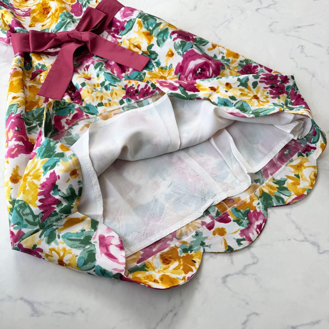 美品 エムズグレイシー 花柄 スカラップ ワンピース リボン パフスリーブ 38