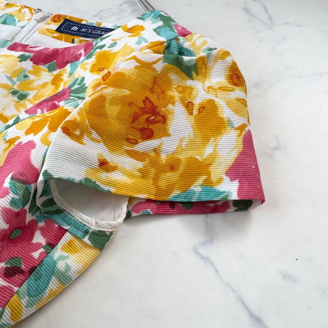 美品 エムズグレイシー 花柄 スカラップ ワンピース リボン パフスリーブ 38