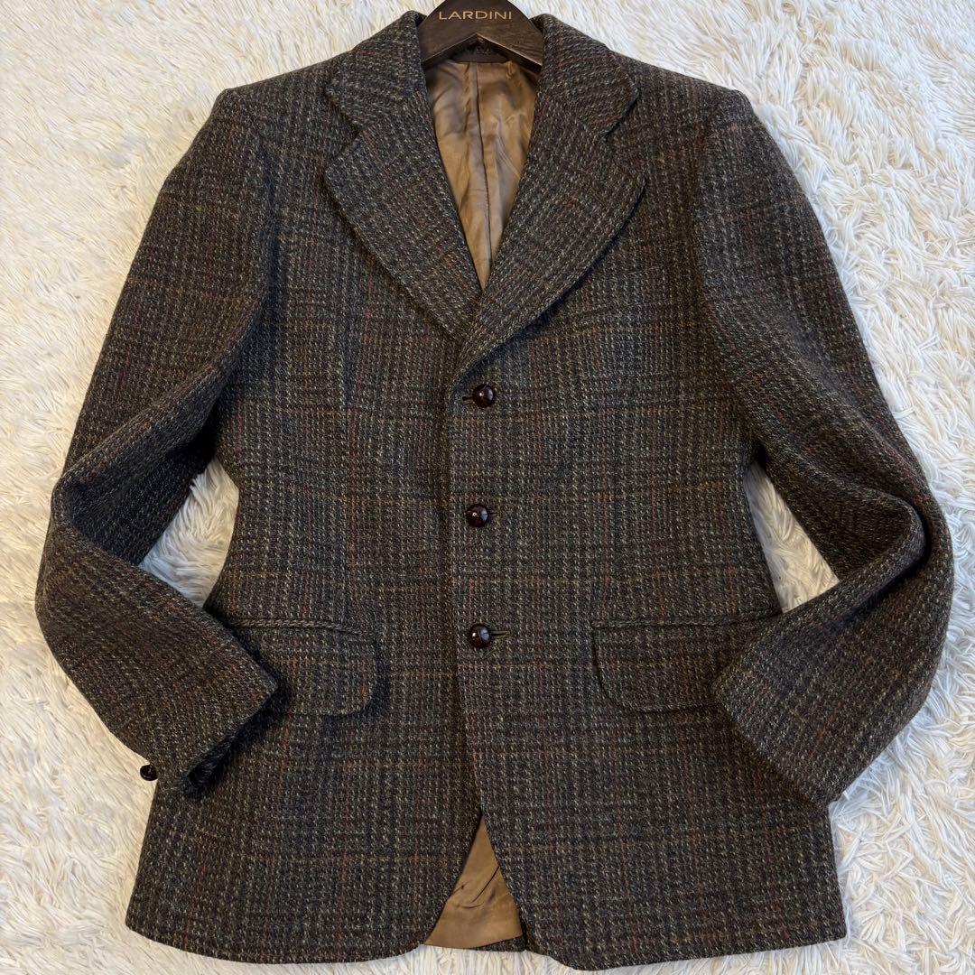 ハリスツイード テーラードジャケット くるみボタン チェック ブラウン